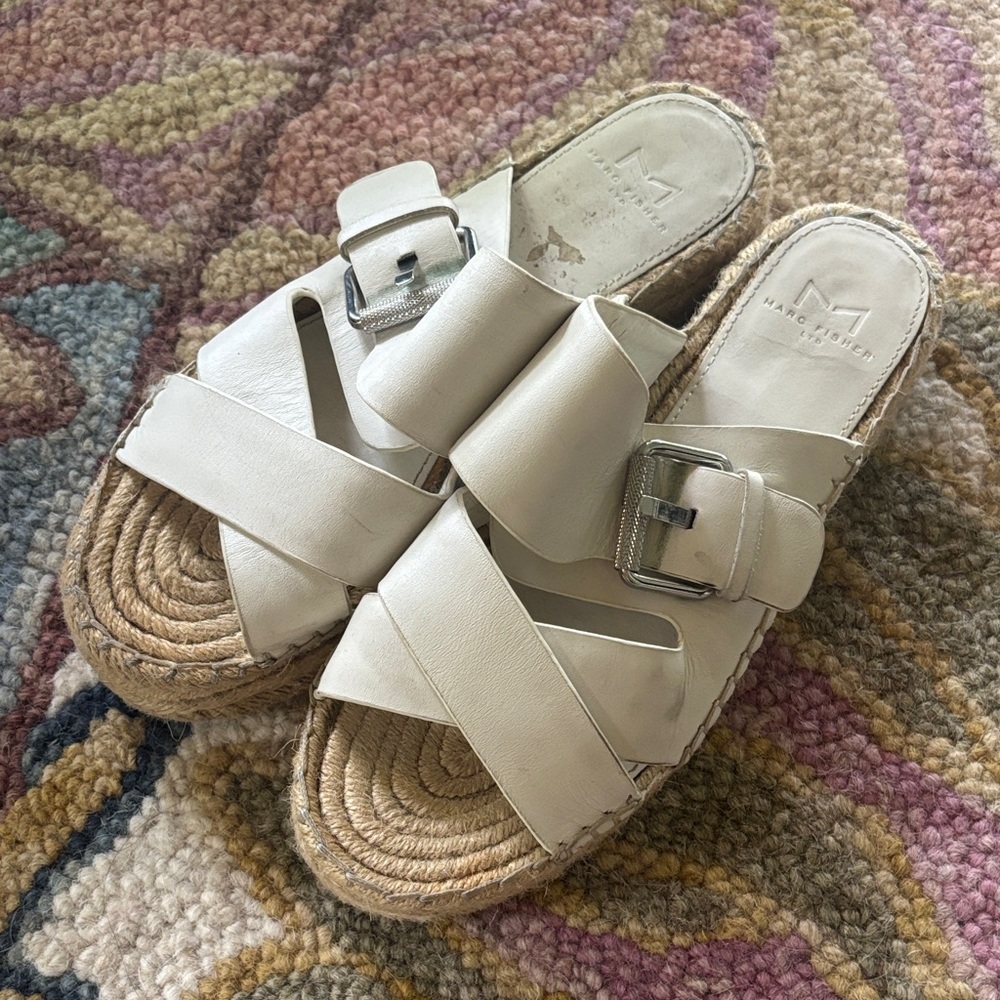 Marc Fisher Cream Leather Espadrille Slide Sandals with Buckle